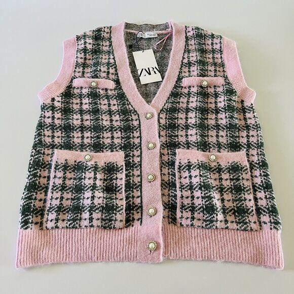 Zara Jackets & Blazers - ZARA Pink Green Plaid Knit Vest - S